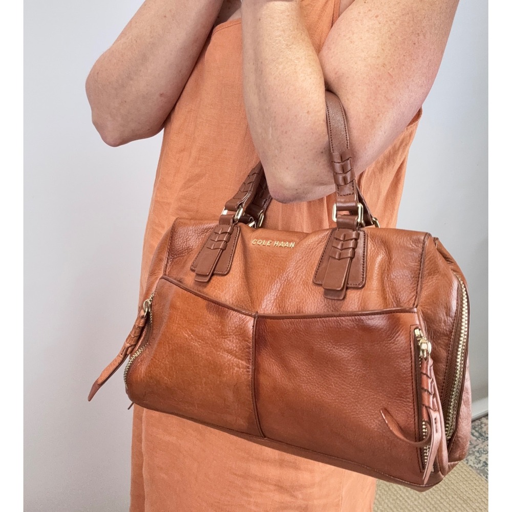 Cole Haan Cognac Leather Satchel Braided Handle Doctor Bag Brown Gold Hardware